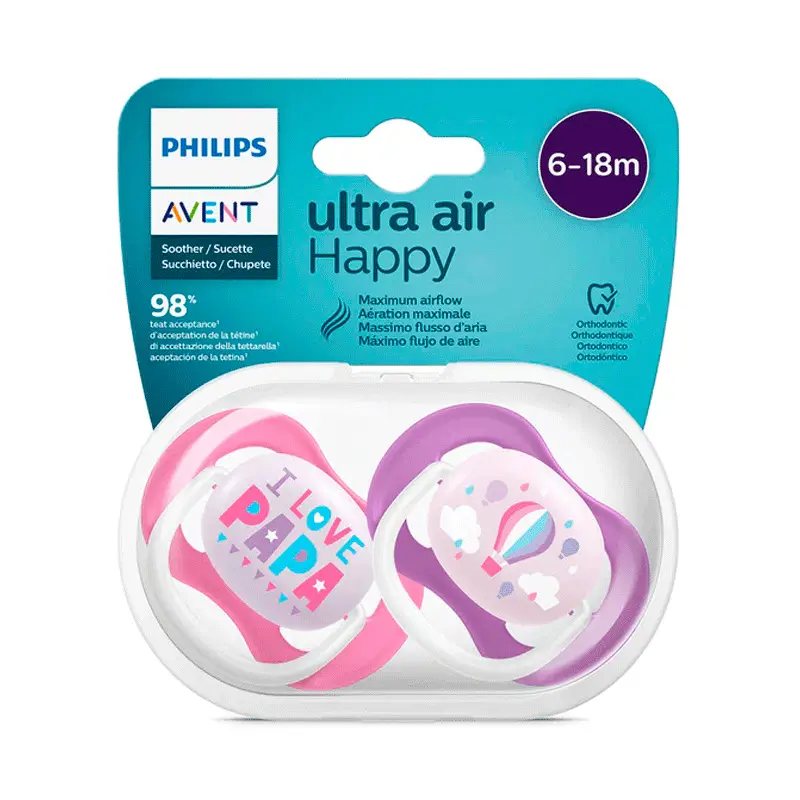 Avent 2 Sucettes Ultra Air Collection Happy 6-18 Mois Silicone Bébé Fille