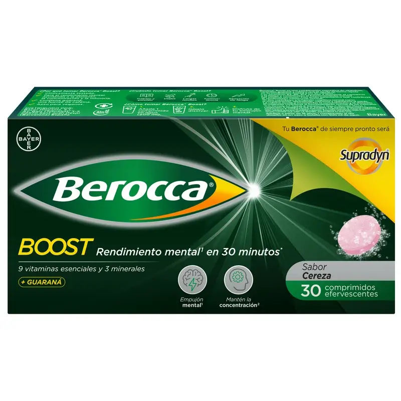Berocca Boost Magnésium, Vitamines et Minéraux avec Guarana, 30 Comprimés Effervescents