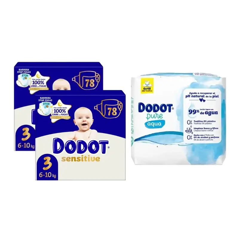 Dodot Sensitive Jumbo Sensitive Nappy Pack Size 3 , 2x78 unités + Aqua Plastic Free Wipes Box 6X48 (288 unités)