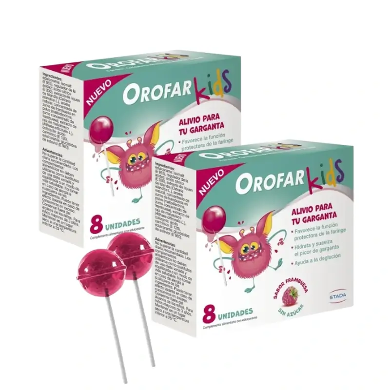Orofar Kids Sucettes sans sucre à la framboise contre les démangeaisons de la gorge, 2x8 sucettes