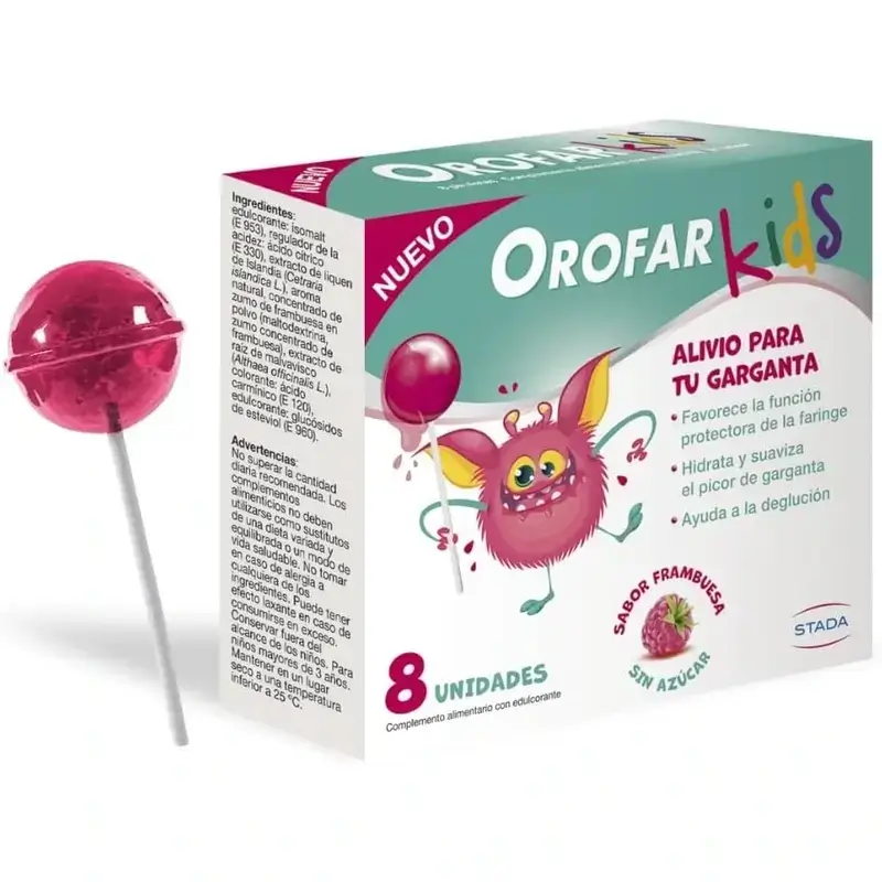 Orofar Kids Sucettes sans sucre à la framboise contre les démangeaisons de la gorge, 2x8 sucettes - Image 2