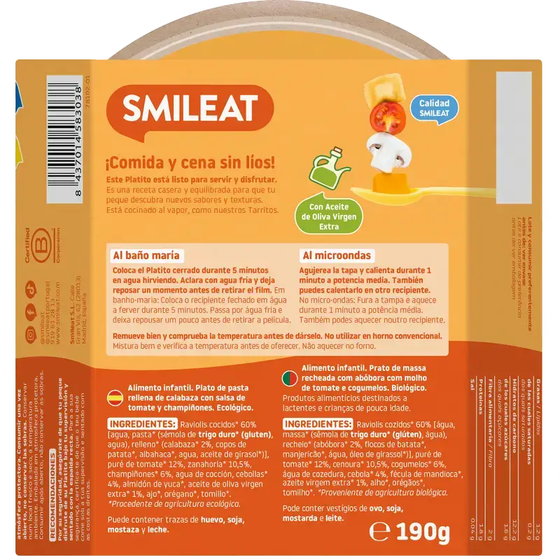 Smileat Petite assiette Raviolis au potiron à la sauce tomate Eco, 190 g - Image 2