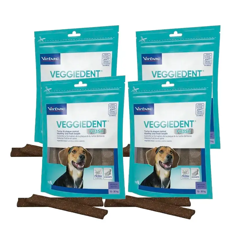 Virbac Veggiedent Fr3sh M, Snacks dentaires pour chiens de race moyenne, paquet de 4 unités